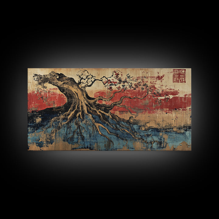 Ancient Tree Roots Over Blue Water Wall Art, Japanese Landscape Canvas Print, Zen Nature Decor And Rustic Home Decor Gift