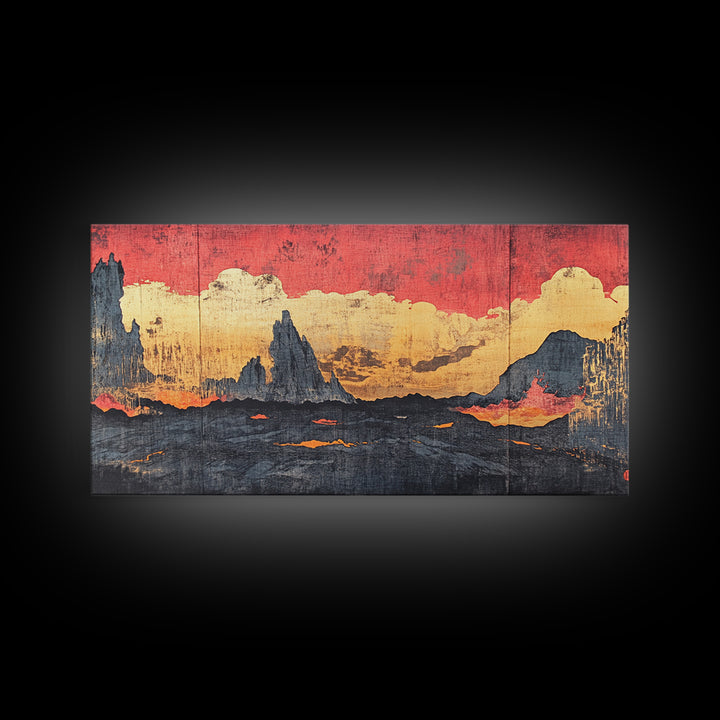 Red Sunset Clouds Over Dark Mountains Wall Art, Japanese Landscape Canvas Print, Moody Rustic Living Room Decor Gift For Him