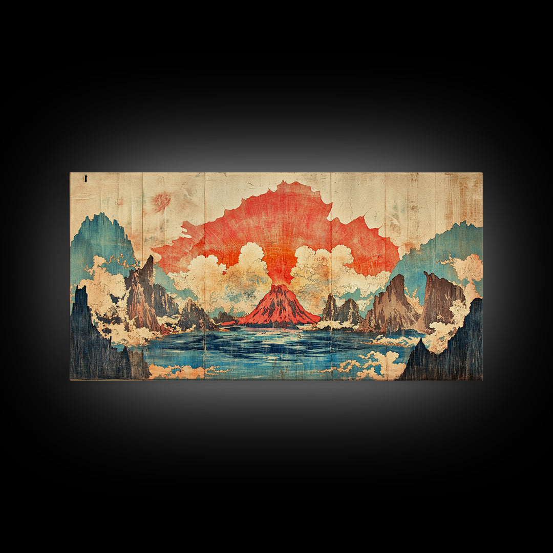 Erupting Red Volcano On Blue Mountain Lake Wall Art, Japanese Landscape Canvas Print, Dramatic Nature Living Room Decor Gift
