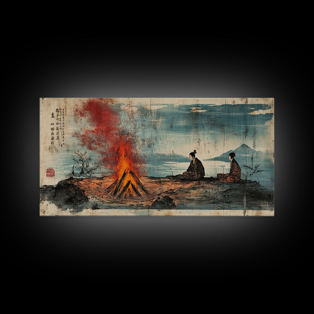 Samurai Figures By Campfire And Lake Wall Art, Japanese Landscape Canvas Print, Zen Rustic Home Decor, Travel Gift For Him