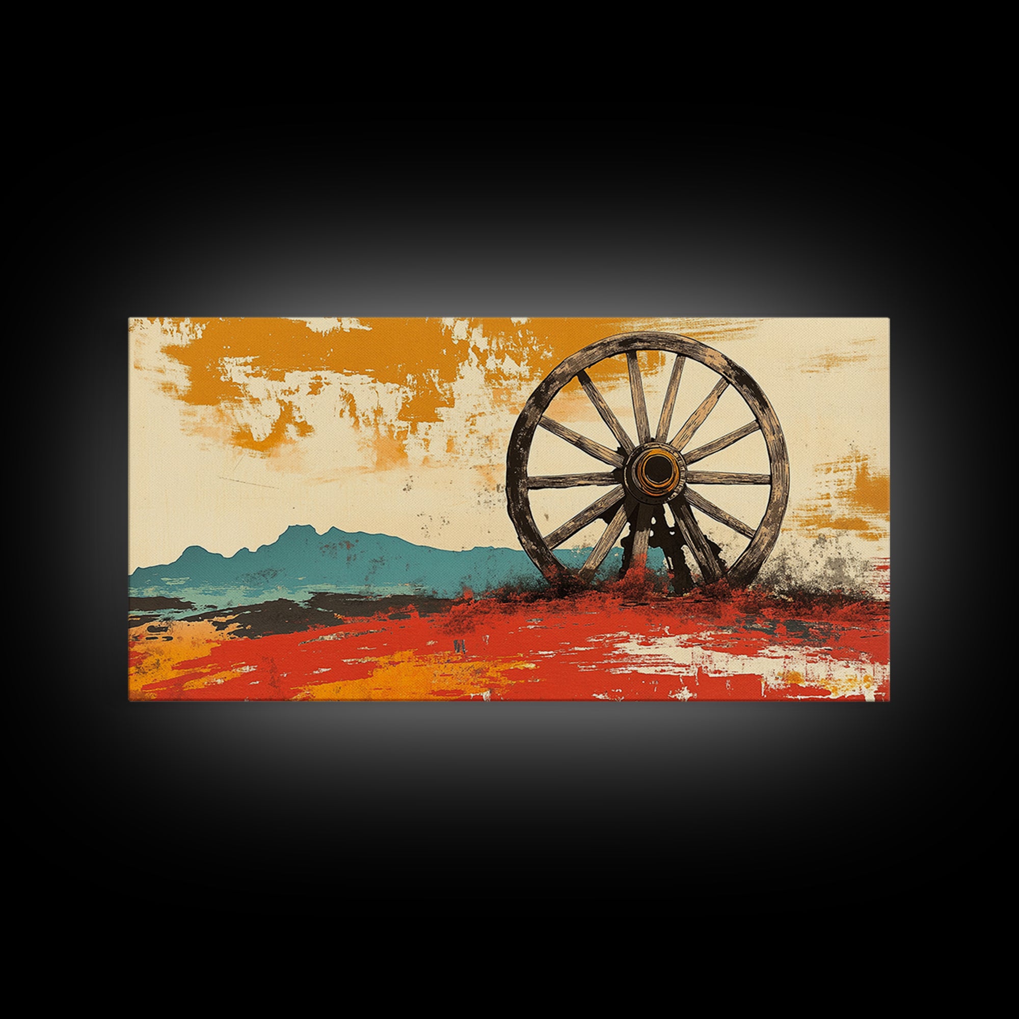 Rustic Wagon Wheel Desert Landscape Wall Art, Western Canvas Print, Southwestern Decor, Ranch House Living Room Art, Above Sofa Decor