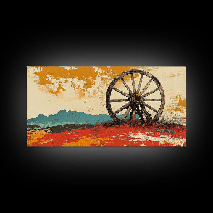 Rustic Wagon Wheel Desert Landscape Wall Art, Western Canvas Print, Southwestern Decor, Ranch House Living Room Art, Above Sofa Decor