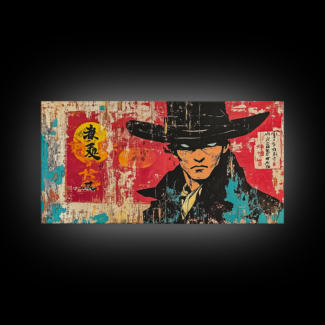 Stoic Asian Cowboy Portrait Wall Art, Samurai Western Canvas Print, Bold Red Black Decor, Masculine Office Art, Gift For Him