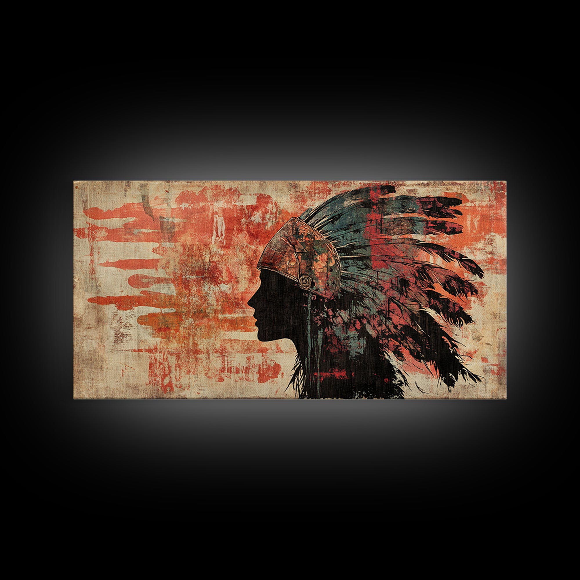 Indigenous Warrior Headdress Silhouette Wall Art, Tribal Canvas Print, Southwestern Decor, Rustic Western Living Room Art