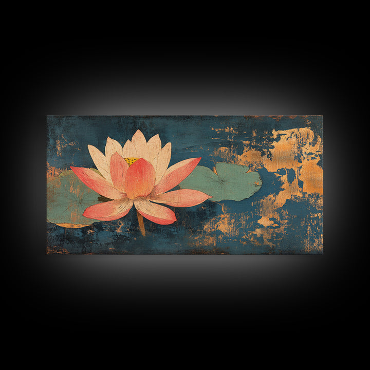 Pink Lotus Flower On Teal Water Wall Art, Zen Canvas Print, Botanical Asian Decor, Meditation Room Spa Wall Decor, Calming Art