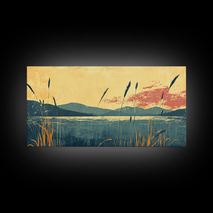 Reeds By Mountain Lake Sunset Wall Art, Serene Landscape Canvas Print, Nature Decor, Large Horizontal Living Room Art, Home Decor
