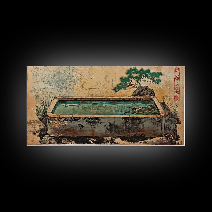 Japanese Stone Water Trough Garden Wall Art, Zen Framed Canvas Print, Bonsai Decor, Spa Meditation Room Wall Decor, Japandi Decor
