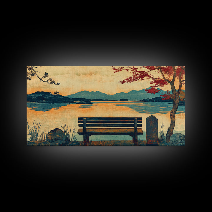 Autumn Lakeside Bench Mountain View Wall Art, Landscape Canvas Print, Rustic Cabin Decor, Serene Living Room Art, Home Decor