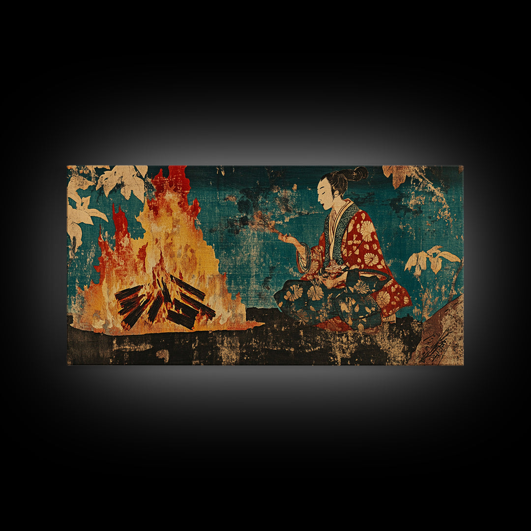 Japanese Woman Beside Bonfire Wall Art, Ukiyo E Style Canvas, Asian Inspired Decor, Japandi Living Room Wall Decor, Home Decor