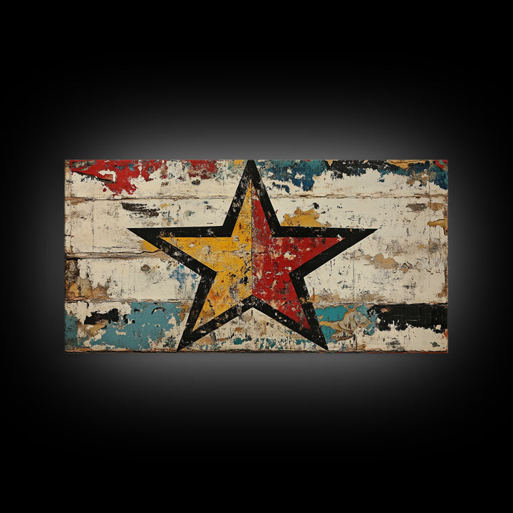 Distressed Red Yellow Star Wall Art, Rustic Americana Canvas Print, Farmhouse Wall Decor, Game Room Decor, Unique Gift For Him