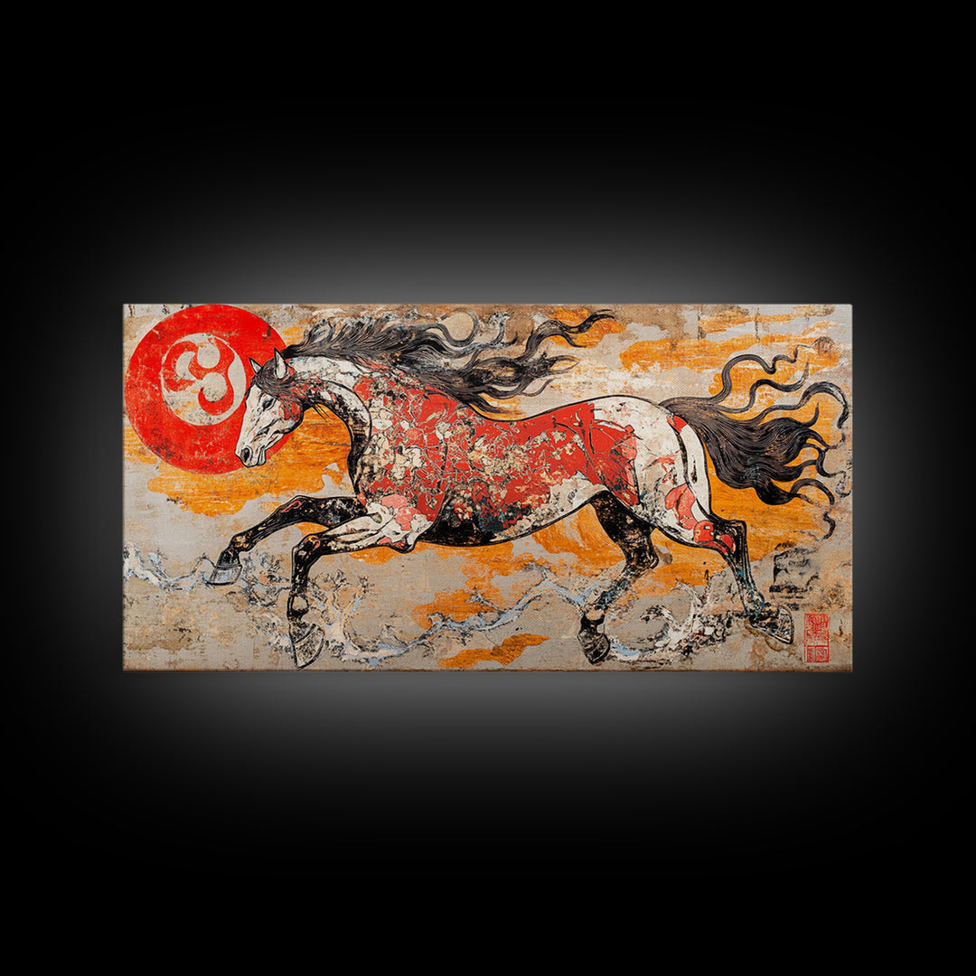 Galloping Horse And Red Sun Wall Art, Japanese Style Canvas Print, Equestrian Decor, Western Living Room Art, Home Decor Gift