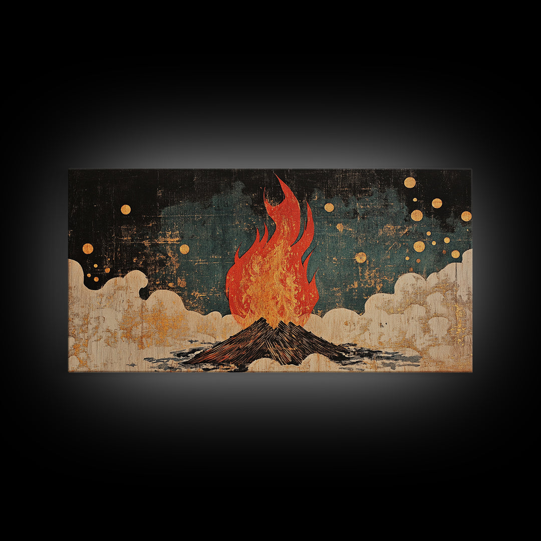Blazing Campfire Under Moonlit Sky Wall Art, Dark Folk Art Print, Celestial Boho Decor, Rustic Cabin Lodge Home Decor Framed Canvas