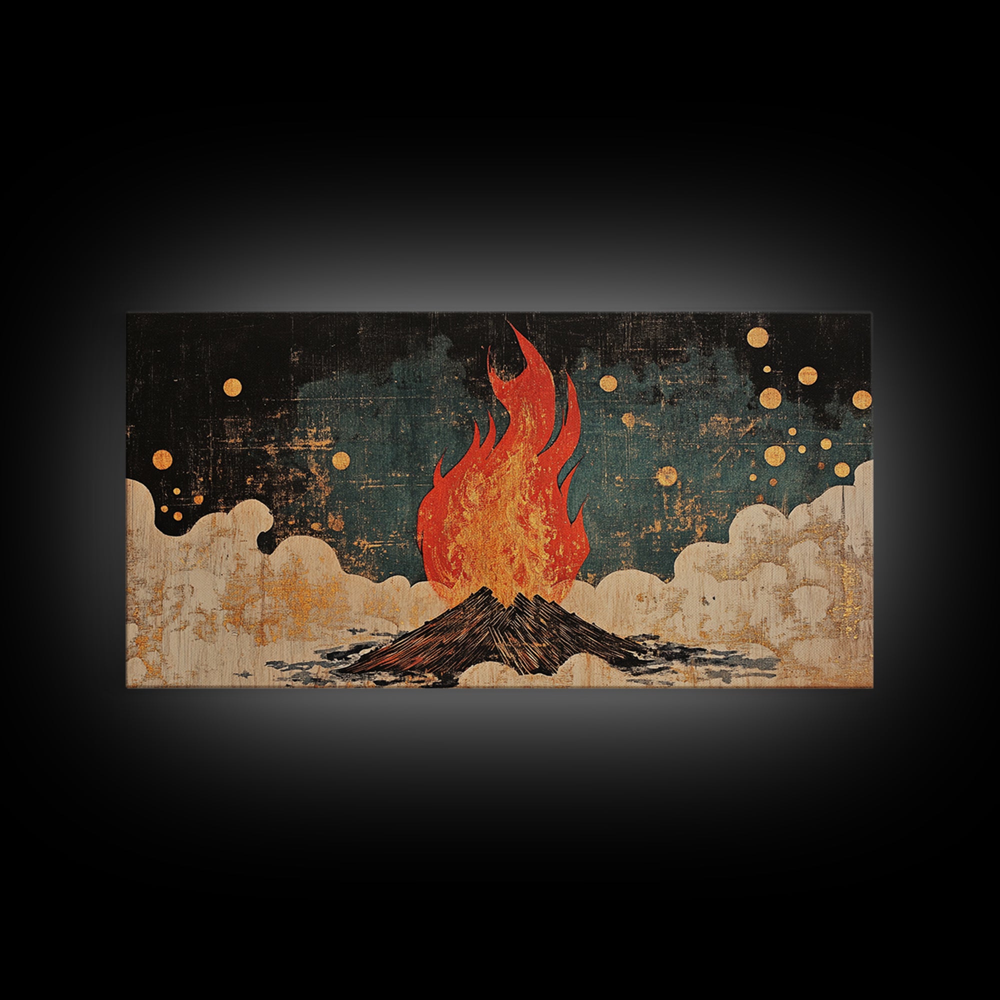 Blazing Campfire Under Moonlit Sky Wall Art, Dark Folk Art Print, Celestial Boho Decor, Rustic Cabin Lodge Home Decor Framed Canvas