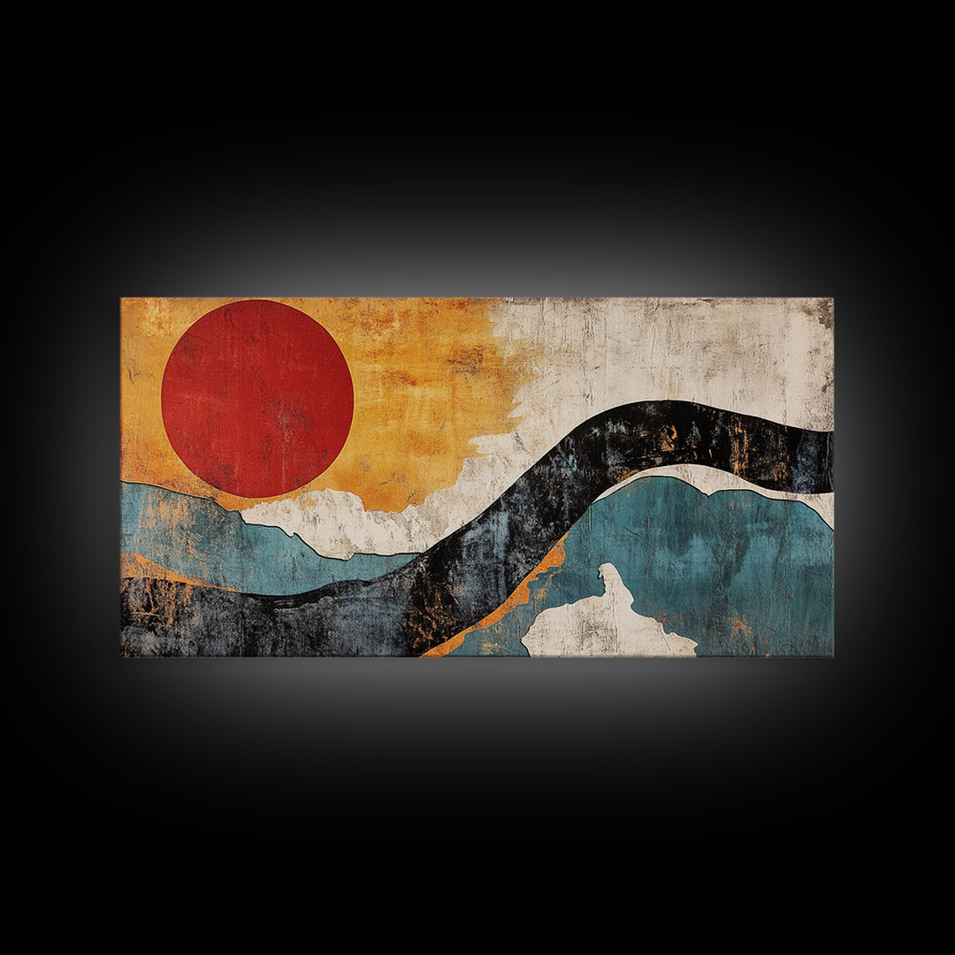 Red Sun And Blue Wave Abstract Wall Art, Mid Century Modern Print, Japandi Home Decor, Minimalist Large Framed Canvas Print