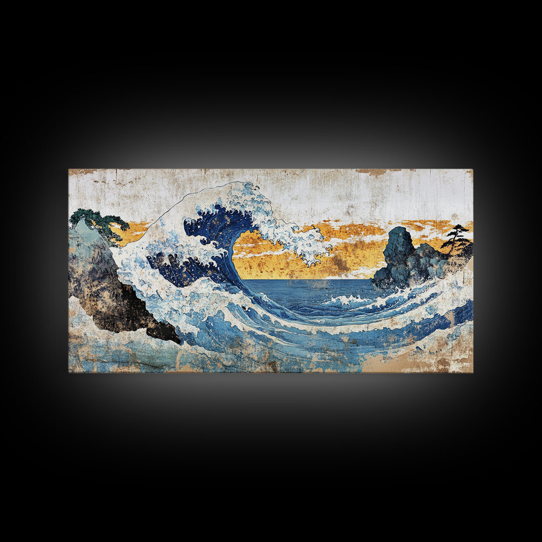 Crashing Ocean Wave Between Rocks Wall Art, Japanese Seascape Print, Coastal Decor, Nautical Living Room Framed Canvas Print