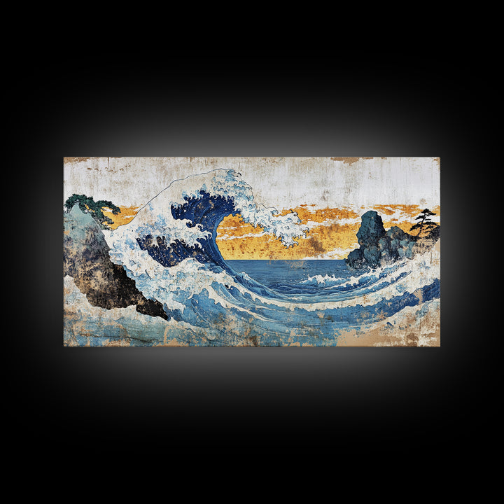 Crashing Ocean Wave Between Rocks Wall Art, Japanese Seascape Print, Coastal Decor, Nautical Living Room Framed Canvas Print