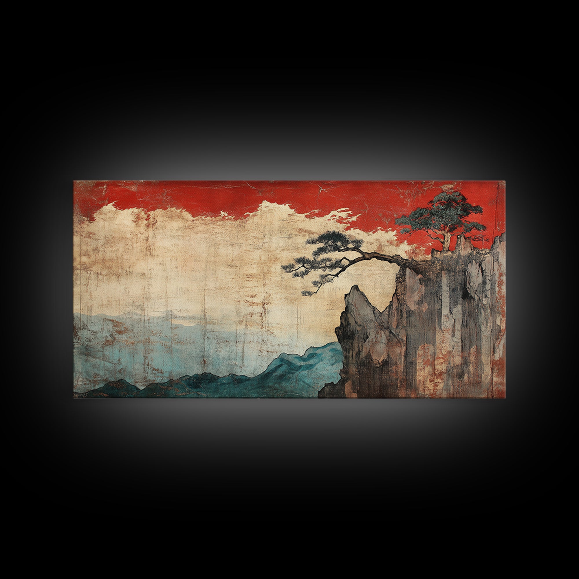 Red Sky Cliff And Pine Mountain Wall Art, Japanese Landscape Print, Moody Nature Decor, Large Japandi Living Room Framed Canvas