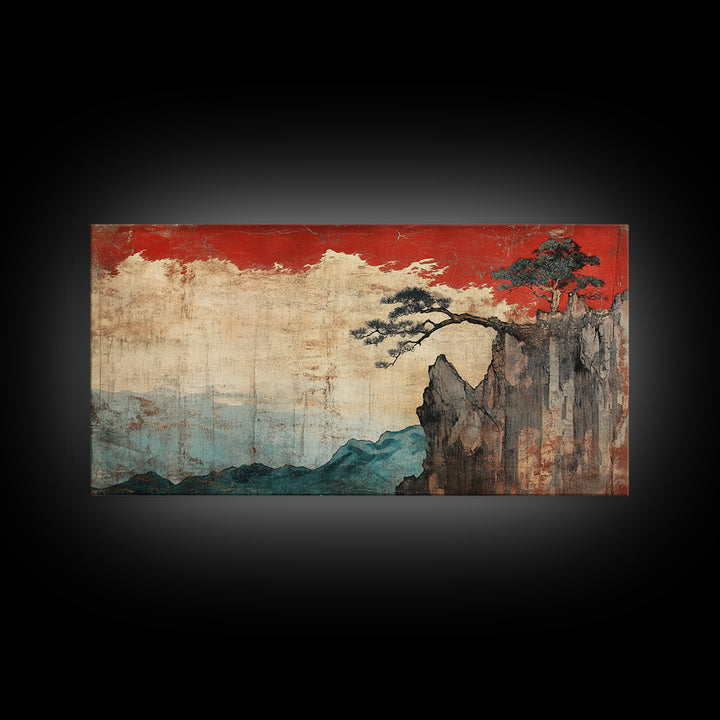 Red Sky Cliff And Pine Mountain Wall Art, Japanese Landscape Print, Moody Nature Decor, Large Japandi Living Room Framed Canvas