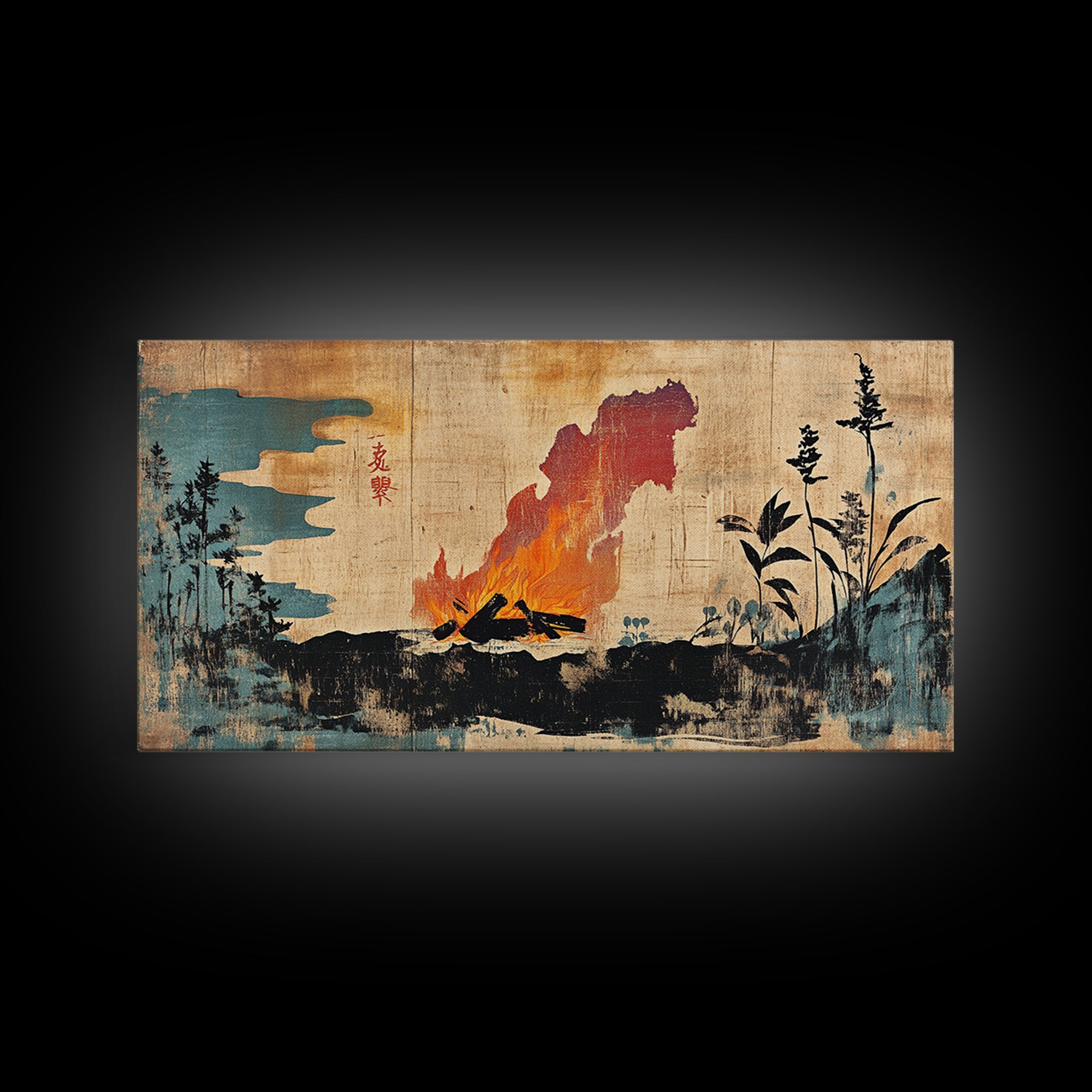 Erupting Volcano With Dark Forest Silhouette Wall Art, Japanese Landscape Canvas Print For Moody Office Decor And Home Decor