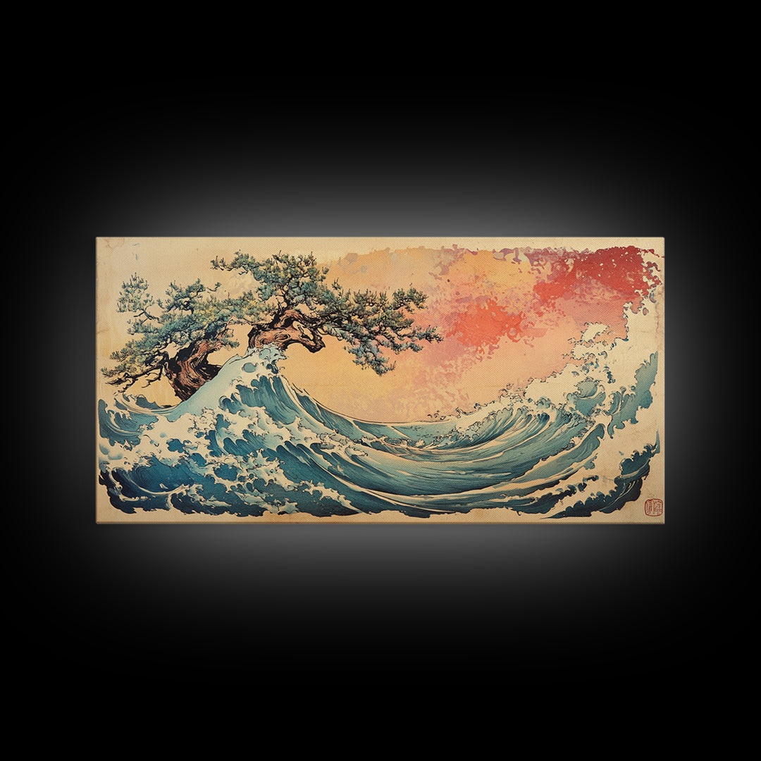 Great Wave With Wind Swept Pine Tree Wall Art, Japanese Ocean Canvas Print For Coastal Decor And Modern Living Room Wall Decor