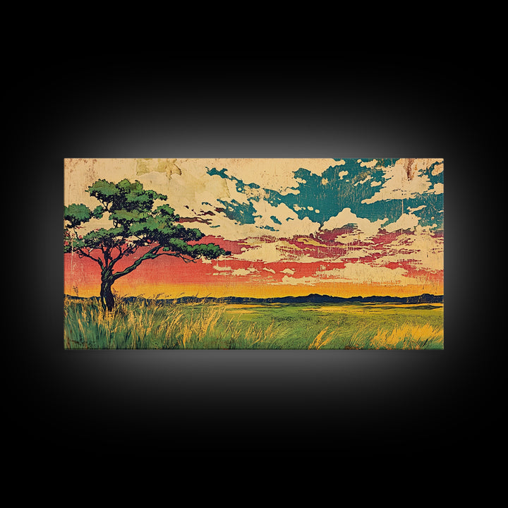 Acacia Tree At Sunset Over Golden Grassland Wall Art, African Landscape Canvas Print For Boho Decor And Warm Home Decor Art