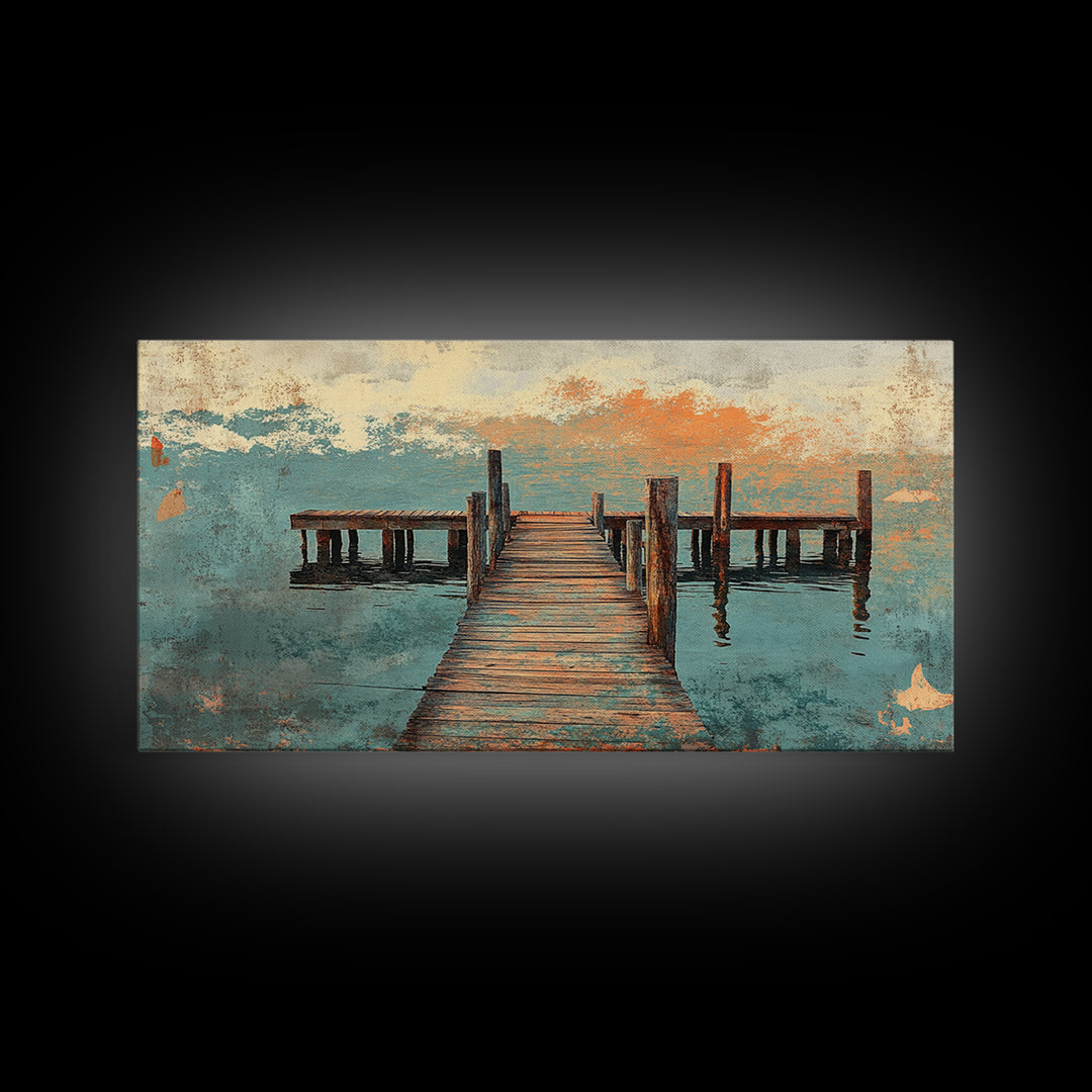 Weathered Wooden Dock Over Calm Water Wall Art, Coastal Canvas Print For Lake House Decor And Nautical Living Room Decor