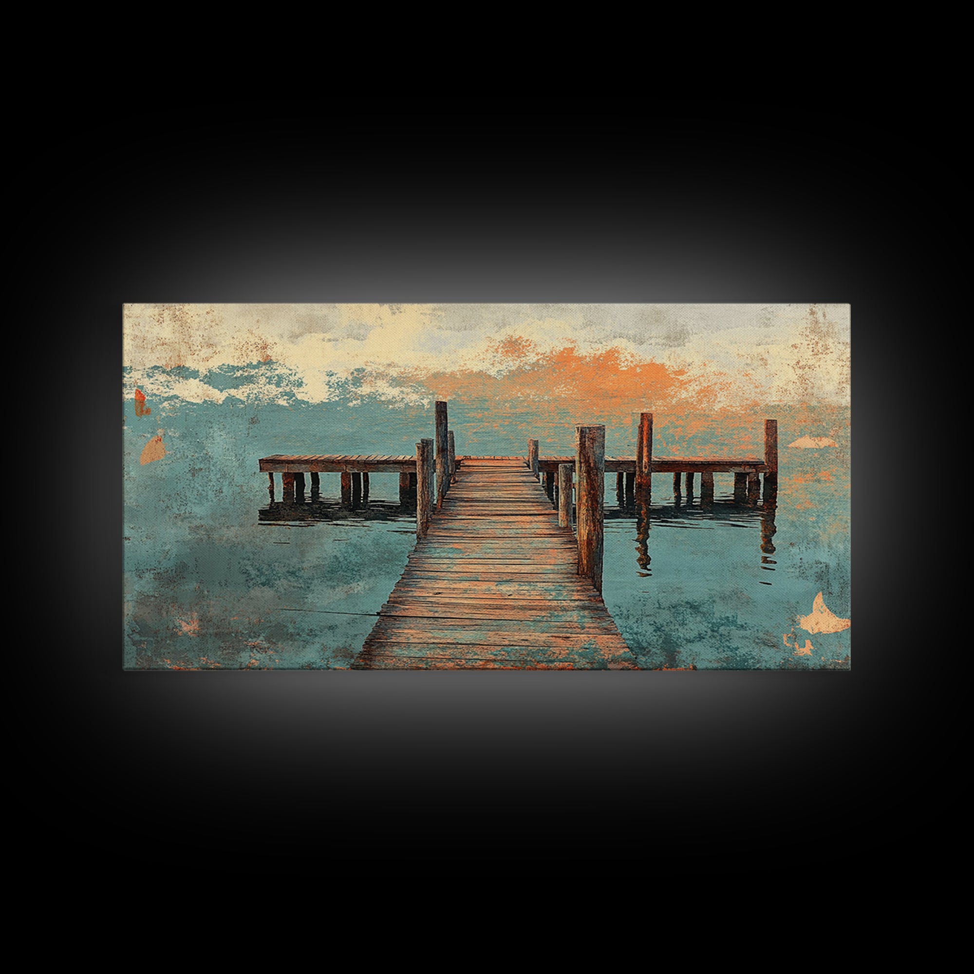 Weathered Wooden Dock Over Calm Water Wall Art, Coastal Canvas Print For Lake House Decor And Nautical Living Room Decor