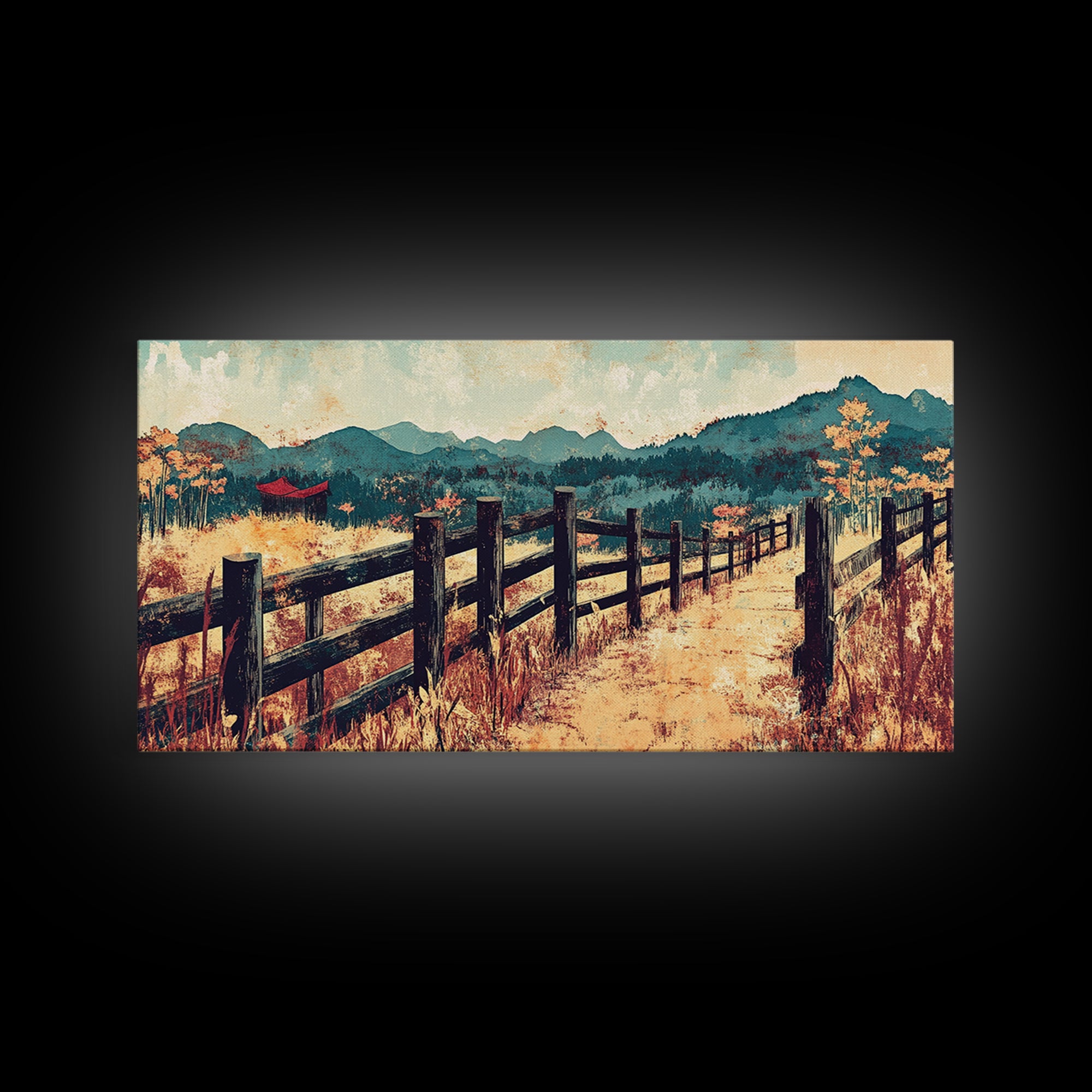 Mountain Fence Path Through Autumn Fields Wall Art, Rustic Landscape Canvas Print For Farmhouse Decor And Entryway Decor