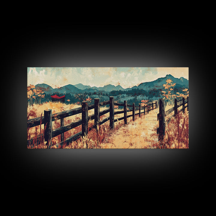 Mountain Fence Path Through Autumn Fields Wall Art, Rustic Landscape Canvas Print For Farmhouse Decor And Entryway Decor