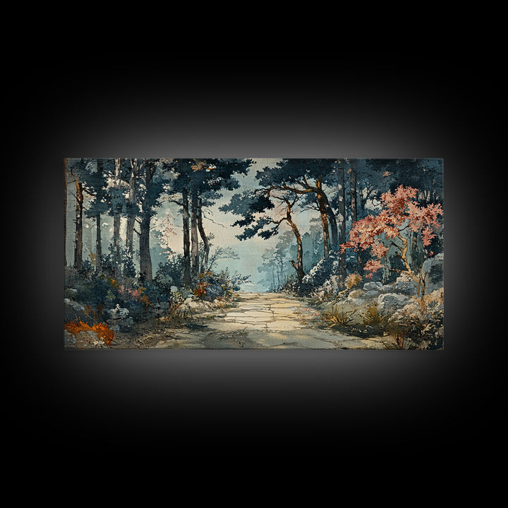 Misty Forest Path With Pink Blossoms Wall Art, Moody Woodland Canvas Print For Nature Decor And Serene Living Room Decor