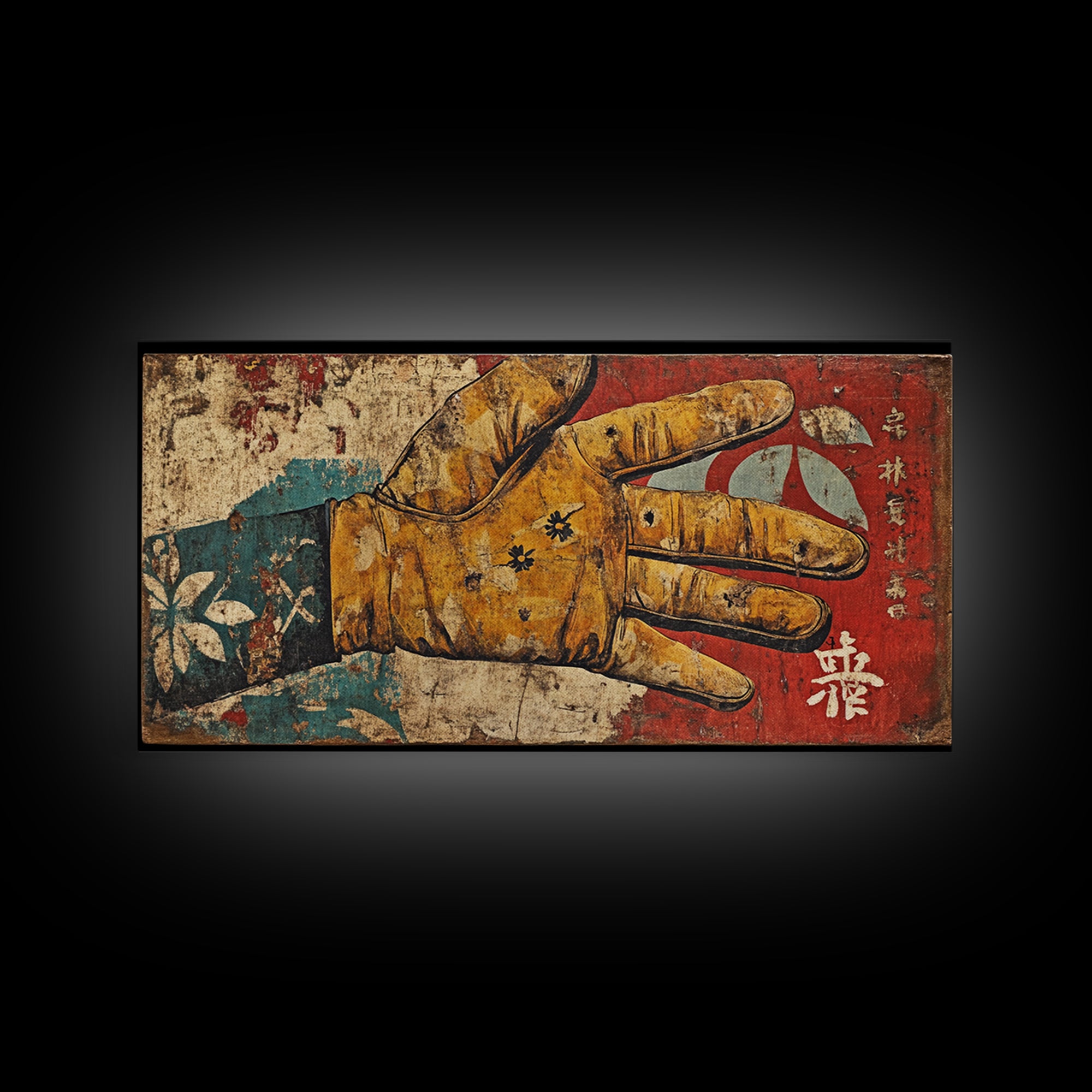 Antique Illustrated Gloved Hand On Red Teal Ground Wall Art, Surreal Canvas Print For Eclectic Decor And Statement Wall Decor