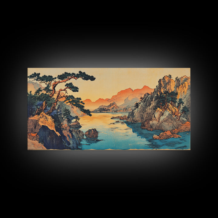 Serene Asian River Valley With Pine And Cliffs Framed Canvas Print, Japanese Landscape Art, Coastal Wall Decor, Zen Home Decor