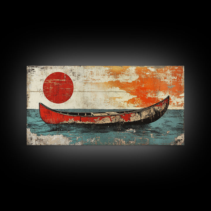 Weathered Red Canoe Beneath Rising Sun Canvas Print, Nautical Wall Art, Minimalist Ocean Art, Coastal Lake House Decor, Gift For Him