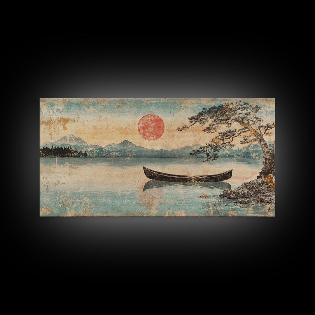 Quiet Canoe On Misty Mountain Lake Wall Art, Japanese Landscape Print, Serene Nature Home Decor, Above Bed Horizontal Art