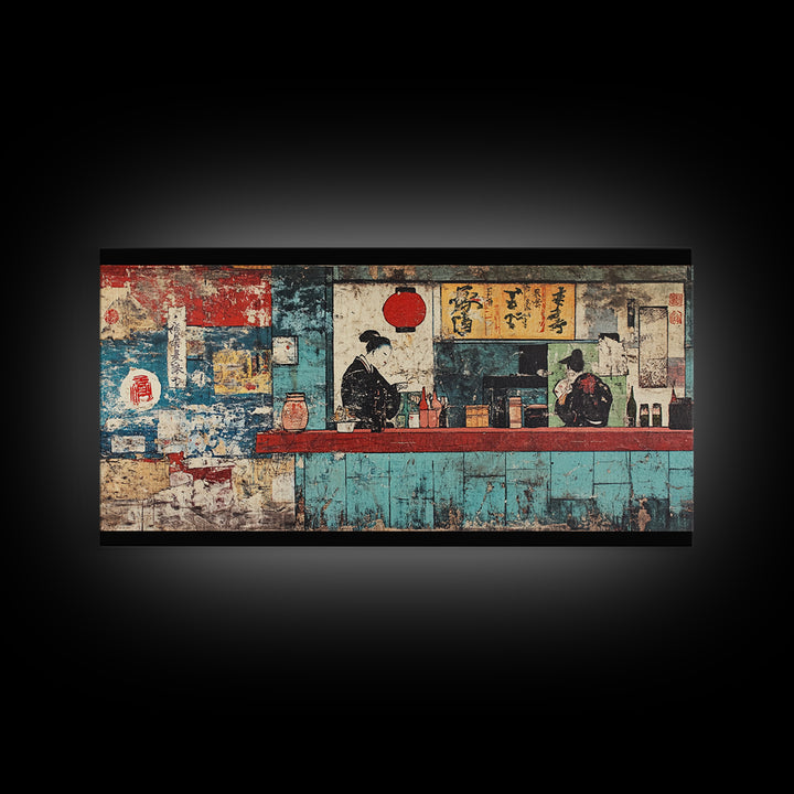 Retro Japanese Ramen Shop With Chef And Diner Canvas Print, Kitchen Wall Art, Restaurant Decor, Asian Food Poster, Home Decor