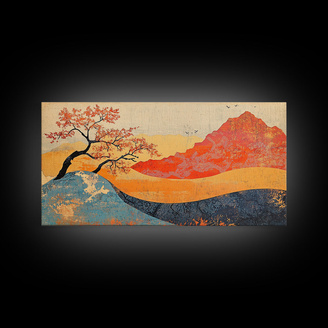 Red Mountain And Blossoming Tree Wall Art, Japanese Landscape Canvas Decor, Abstract Nature Print For Bedroom Or Office Decor