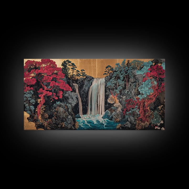 Lush Waterfall With Pink Forest Wall Art, Japanese Garden Canvas Decor, Moody Botanical Landscape Print For Living Room Decor