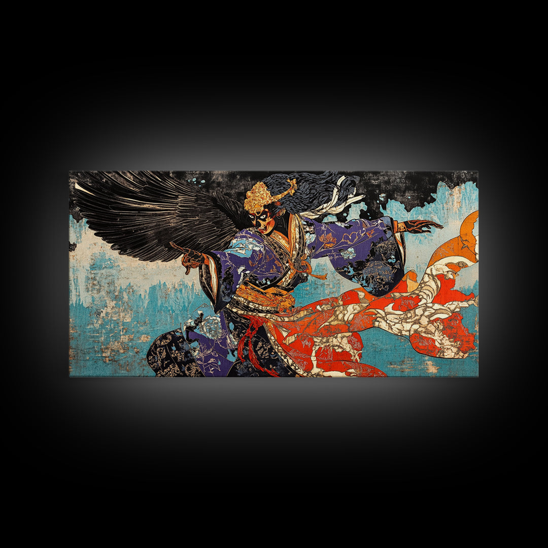Winged Samurai Warrior In Blue Kimono Wall Art, Japanese Mythological Canvas Decor, Dramatic Fantasy Art Print For Office
