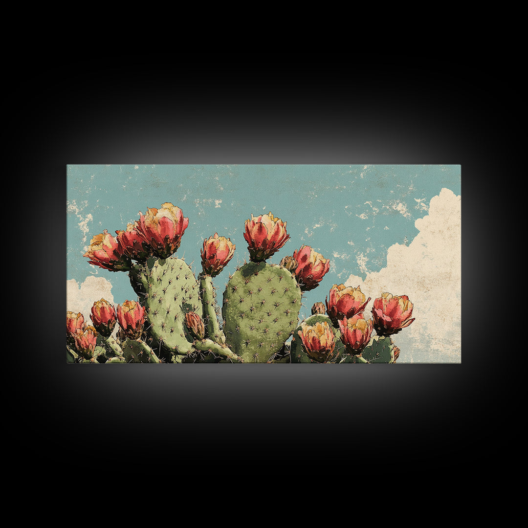 Blooming Prickly Pear Cactus Wall Art, Desert Botanical Canvas Decor, Southwestern Floral Print For Bedroom Or Living Room