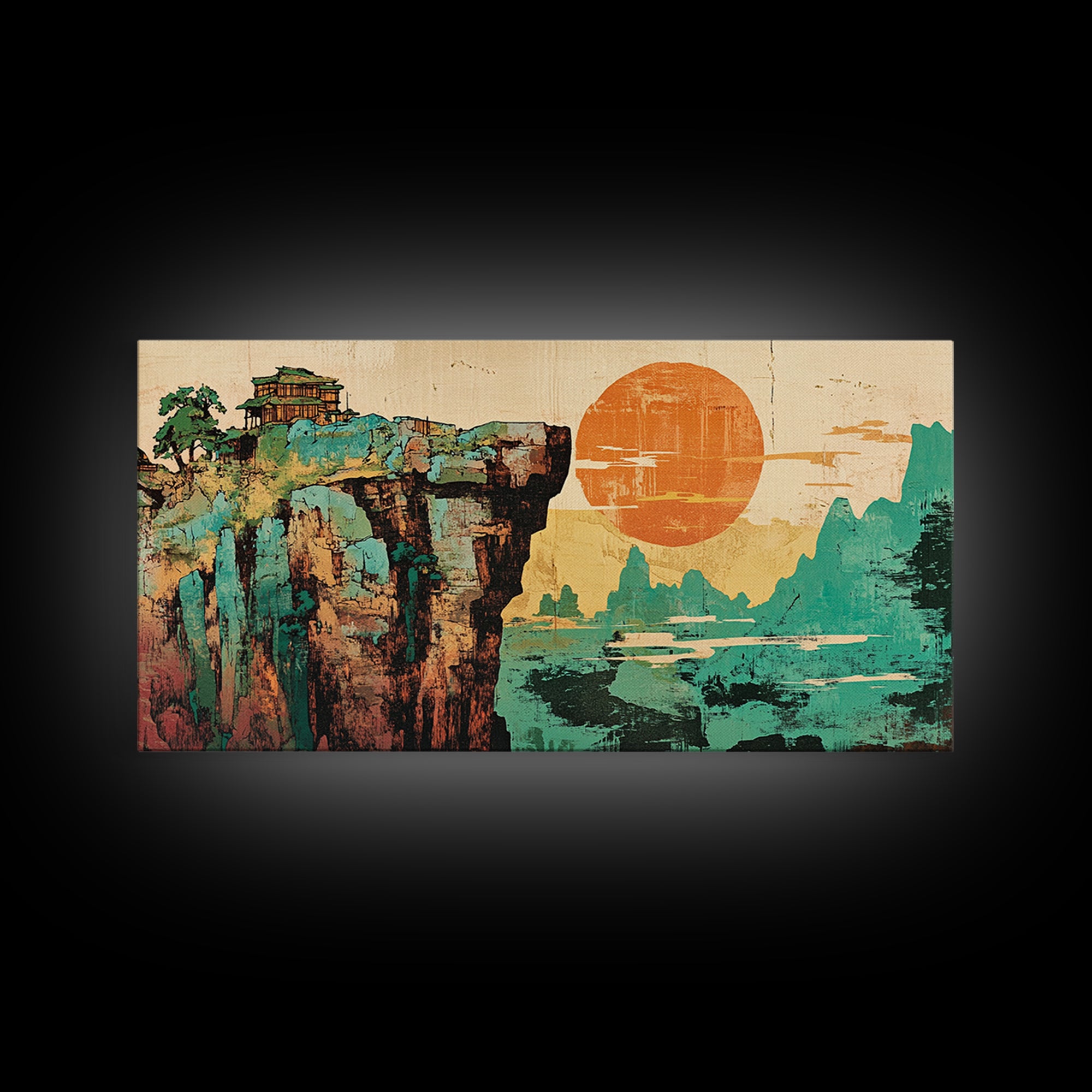Cliffside Temple And Orange Sun Framed Canvas Print, Asian Landscape Wall Art, Japandi Home Decor For Modern Living Room