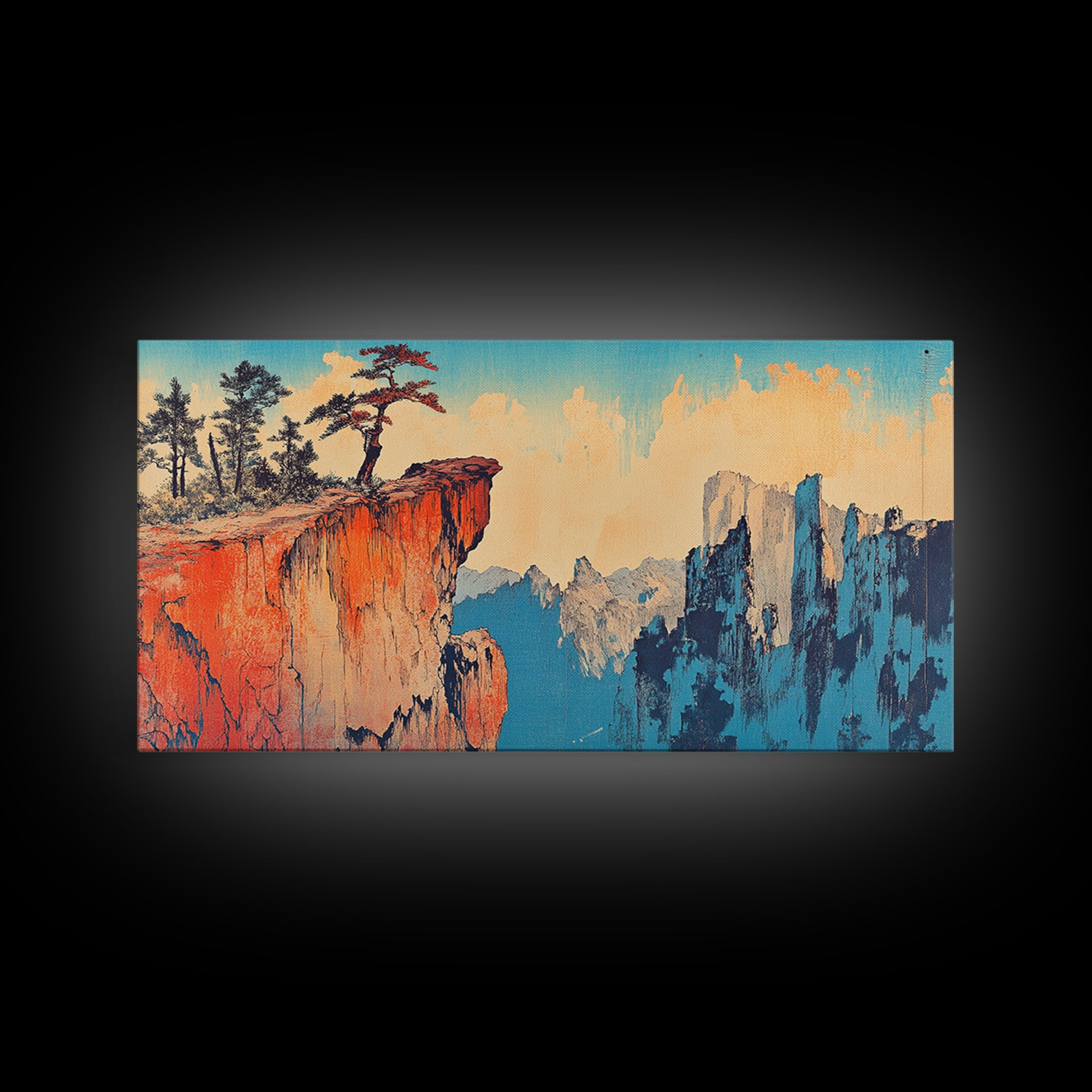 Red Canyon Cliff With Windswept Pines Canvas Print, Asian Mountain Landscape Wall Art, Large Japandi Home Decor For Living Room