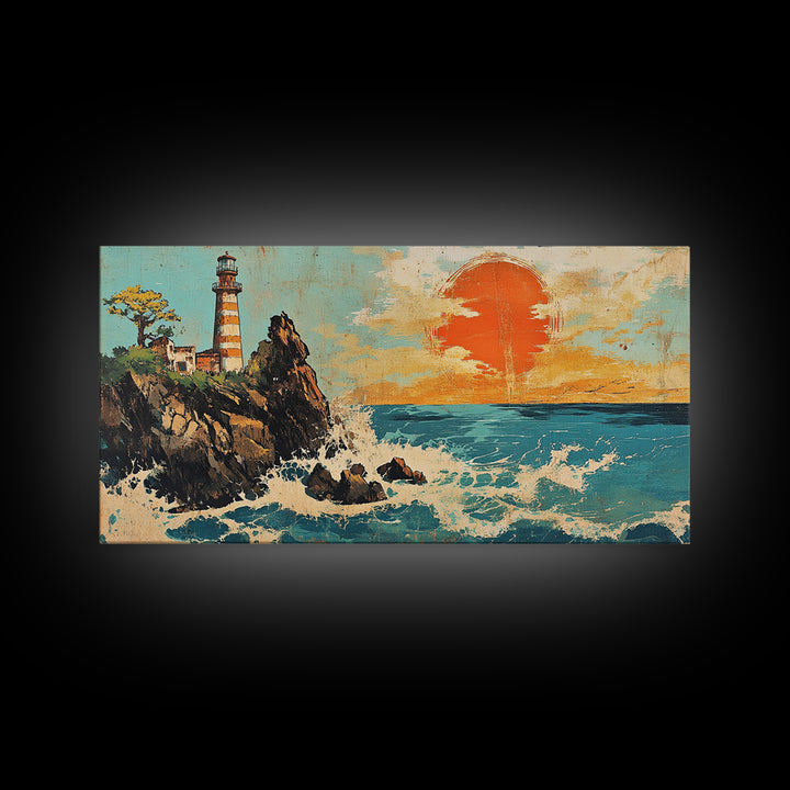 Rocky Lighthouse At Orange Ocean Sunset Framed Canvas Print, Nautical Coastal Wall Art, Beach House Decor Gift For Living Room