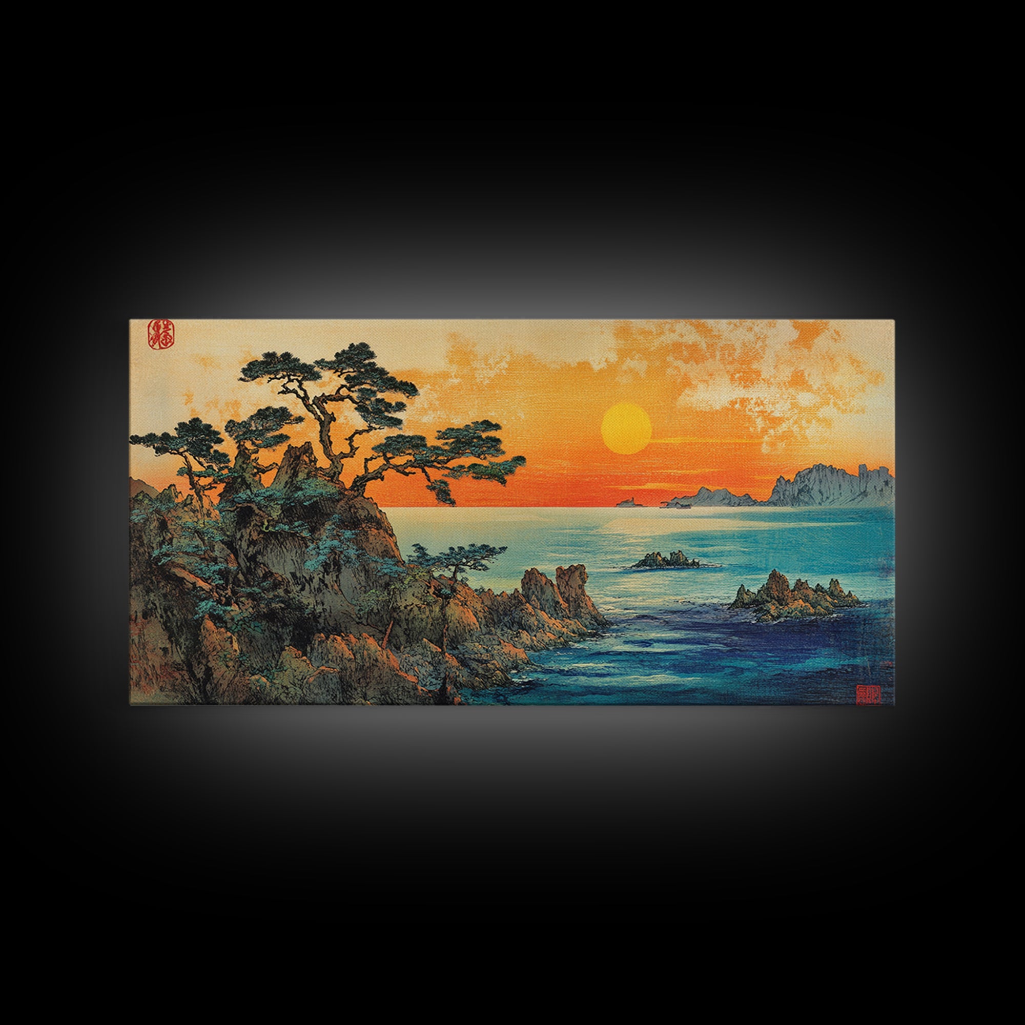 Golden Sunset Over Pine Covered Rocky Coast Canvas Print, Coastal Landscape Wall Art, Serene Beach House Decor For Living Room