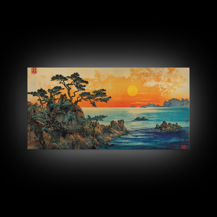 Golden Sunset Over Pine Covered Rocky Coast Canvas Print, Coastal Landscape Wall Art, Serene Beach House Decor For Living Room