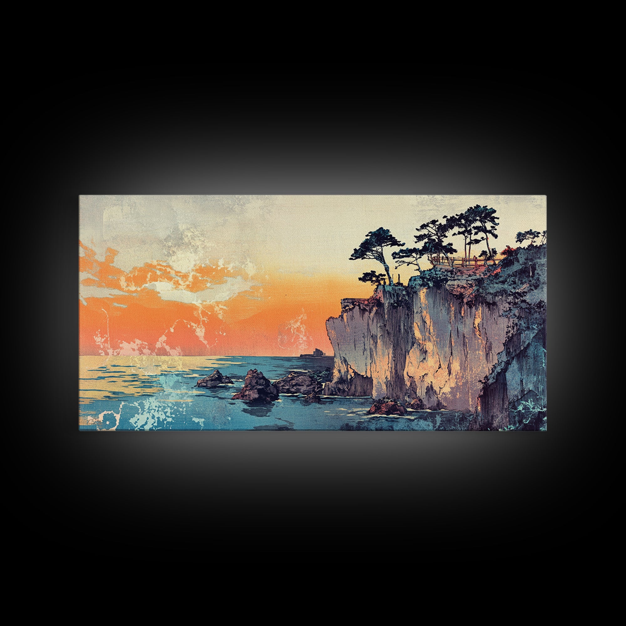 Sunset Sea Cliffs With Windswept Pines Wall Art, Coastal Canvas Print, Ocean Landscape Home Decor For Modern Living Room