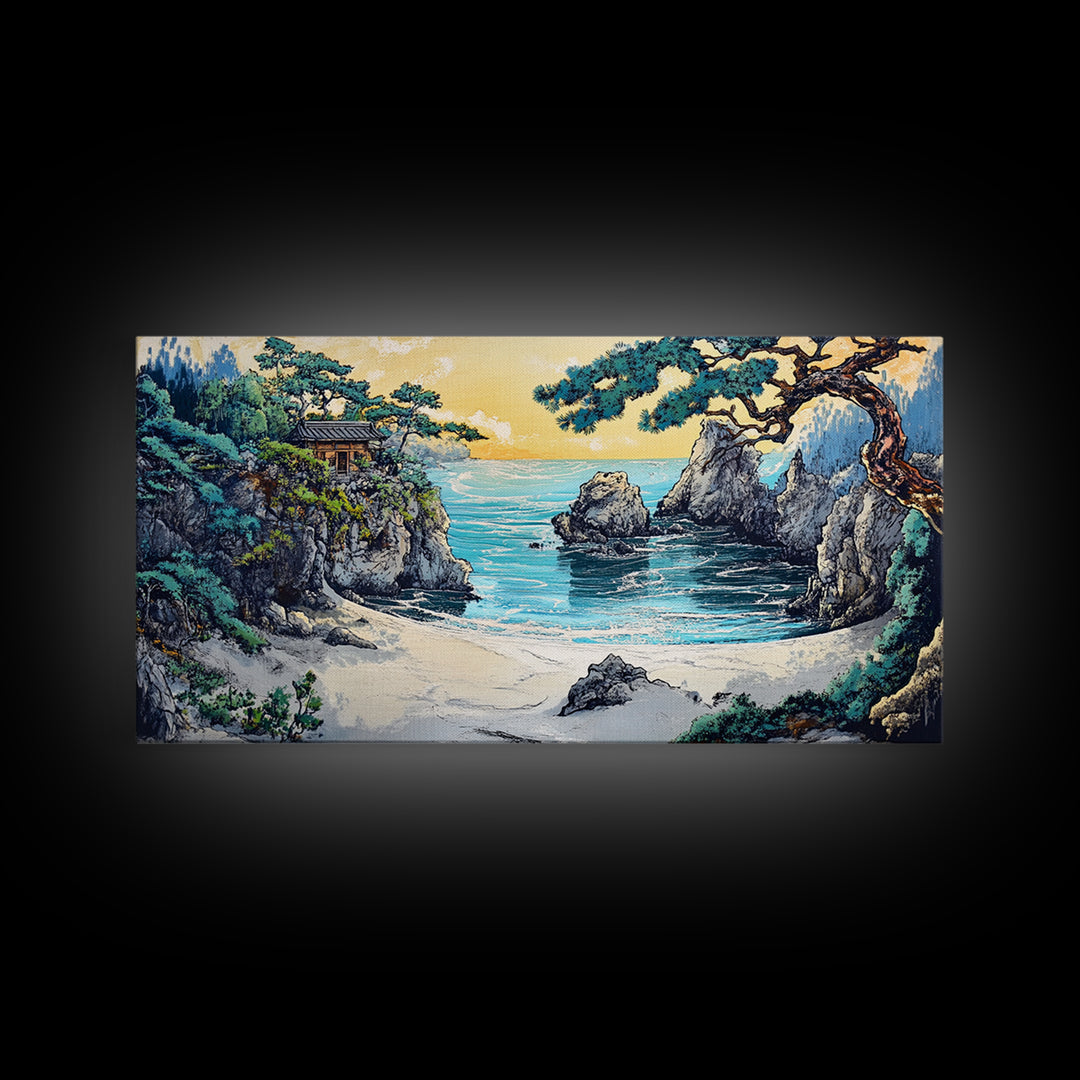 Secluded Turquoise Cove With Cliffside Temple Framed Canvas Print, Japanese Coastal Wall Art, Japandi Home Decor For Living Room
