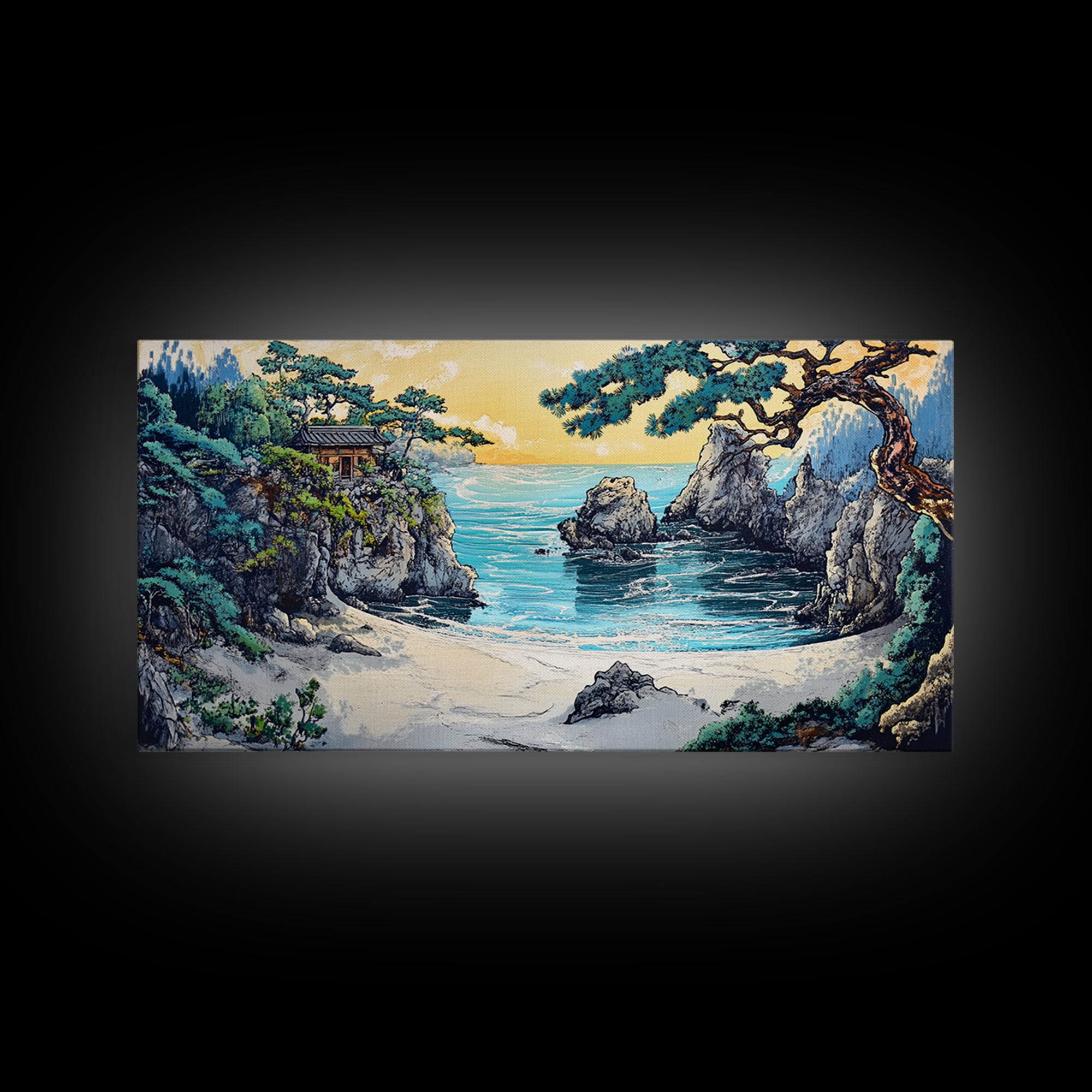 Secluded Turquoise Cove With Cliffside Temple Framed Canvas Print, Japanese Coastal Wall Art, Japandi Home Decor For Living Room