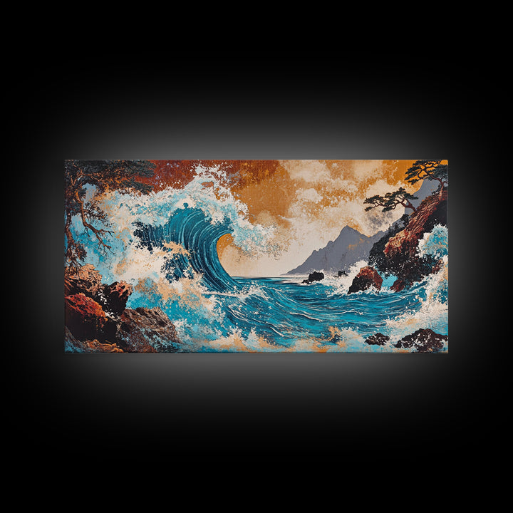 Crashing Turquoise Wave Between Rocky Cliffs Canvas Print, Japanese Ocean Wall Art, Dramatic Coastal Home Decor For Living Room