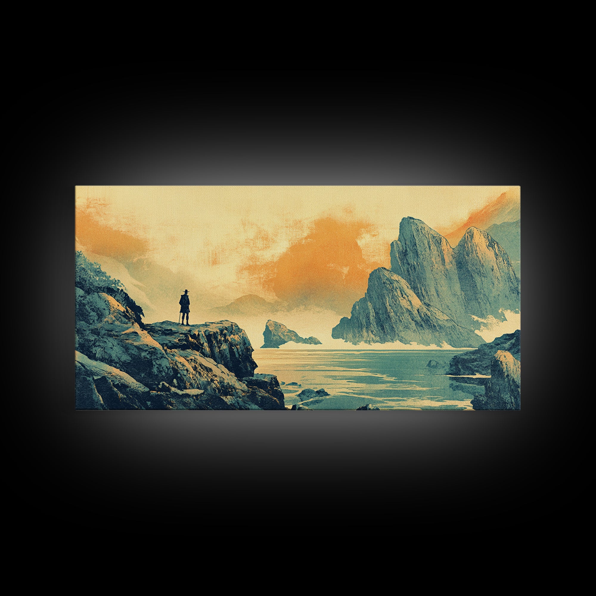Lone Traveler Over Misty Mountain Lake Framed Canvas Print, Asian Landscape Wall Art, Calming Japandi Home Decor For Living Room