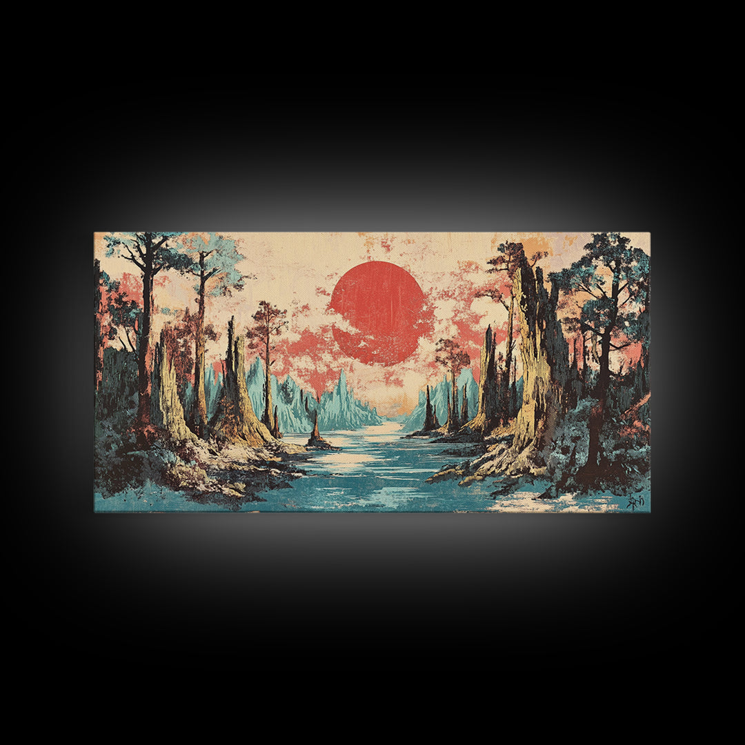 Cypress Swamp River At Red Sun Sunset Canvas Print, Bayou Landscape Wall Decor, Rustic Nature Art, Living Room Decor, Housewarming Gift